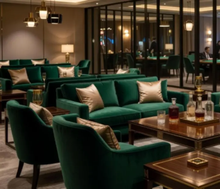 Stílusos business lounge pezsgős italokkal és elegáns ülőbútorokkal