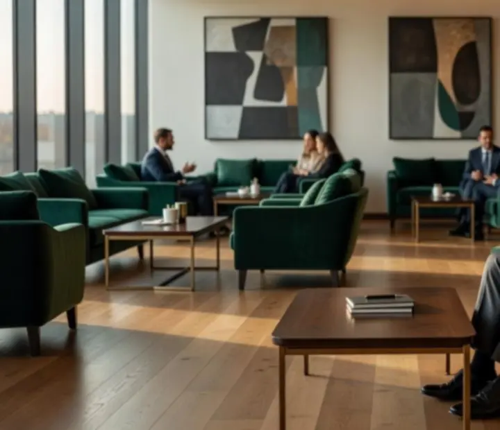 Elegáns business lounge bárpulttal, kényelmes lounge fotelekkel és hangulatos világítással