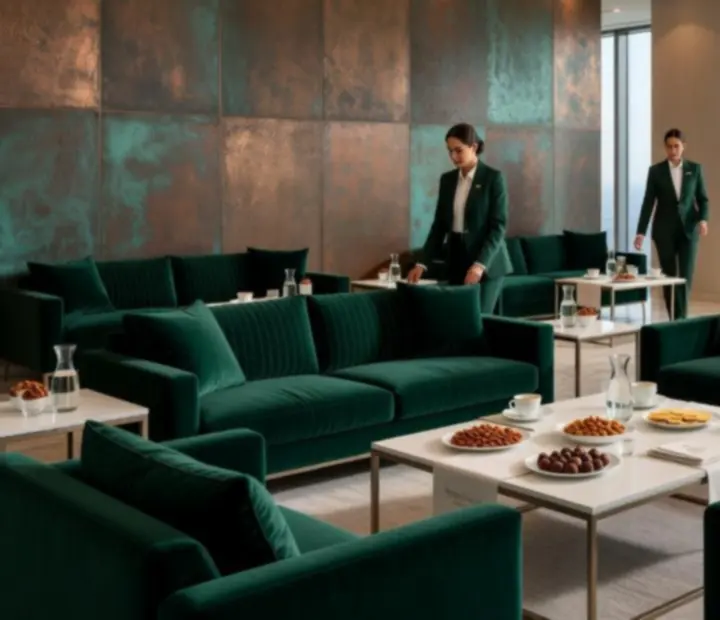 Elegáns business lounge modern ülőfelületekkel és letisztult atmoszférával Budapesten