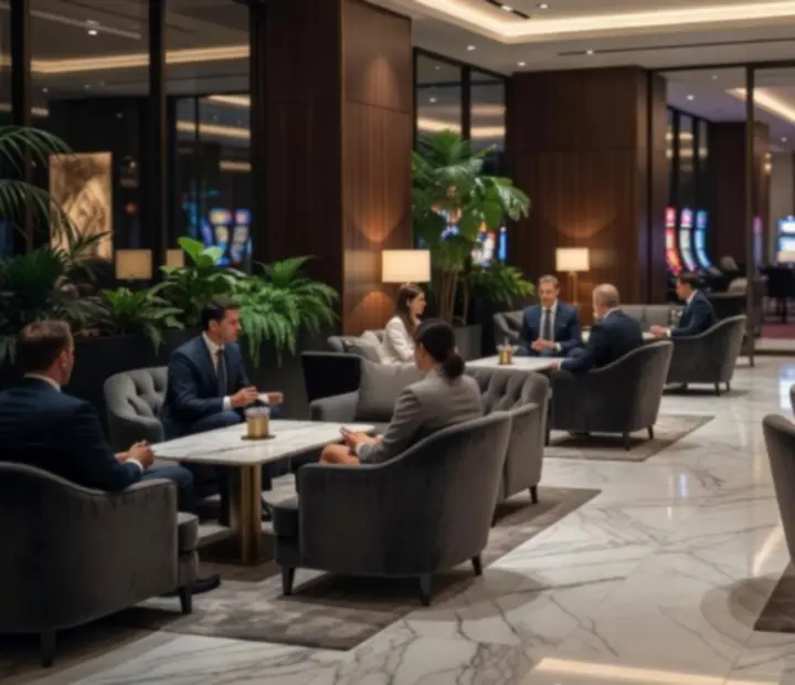 Prémium business lounge sötét fával és elegáns ülőhelyekkel