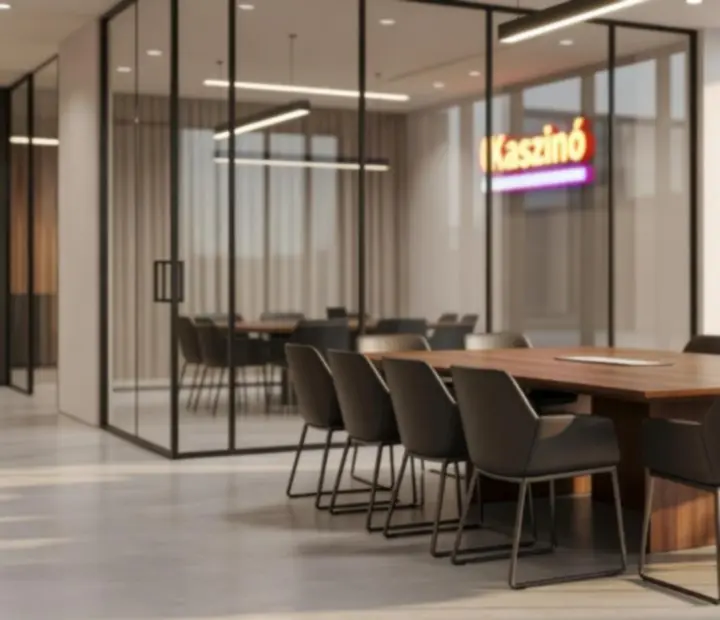 Elegáns, üvegfalú tárgyalóterem luxus coworking környezetben