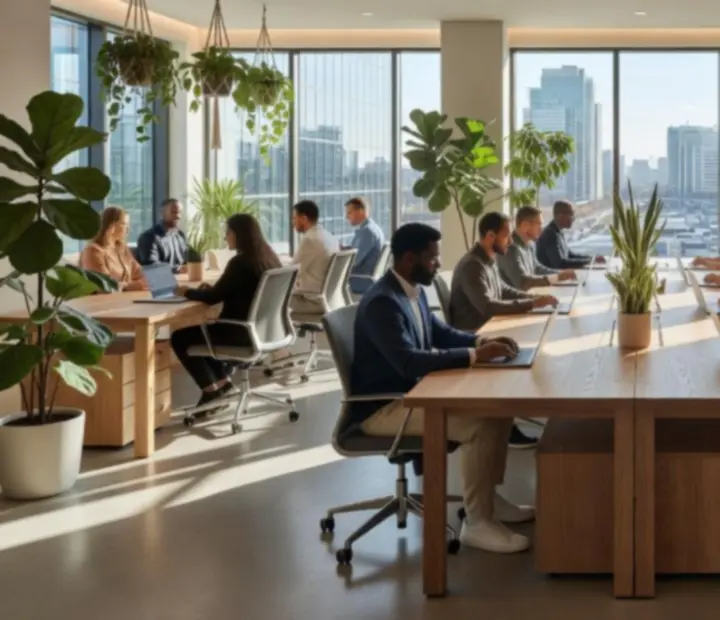 Természetes fényű, elegáns coworking tér designer bútorokkal
